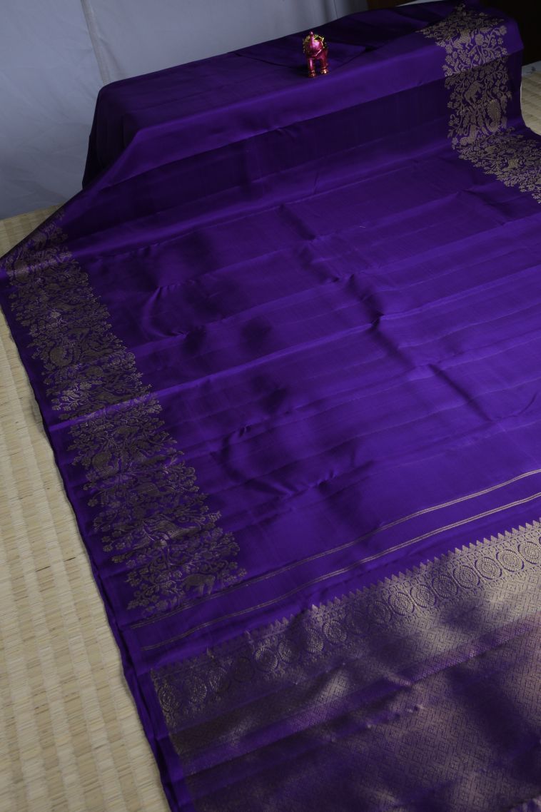 Cobalt Blue Kanchipuram Silk Sarees with Gold Zari Plain view 2