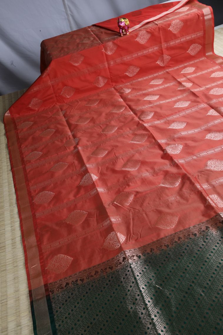 Apple Red Apoorva Silk Sarees with Gold Zari Floral Patterns view 2