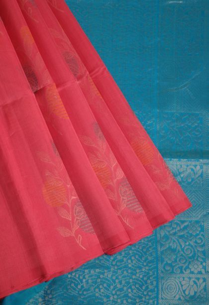 Punch Pink Silk Cotton Sarees with Gold Zari Floral Patterns