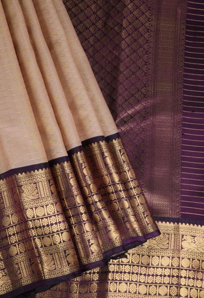 Alabaster White Soft Silk Saree with Gold Zari Checks And Puttas