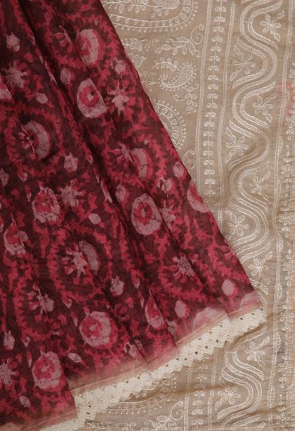 Cherry  Red Fancy Saree with Without Zari Zari Floral Patterns