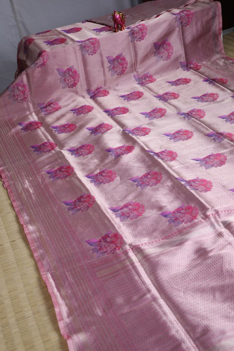 Taffy Pink Banaras Sarees with Silver Zari Floral Patterns view 2