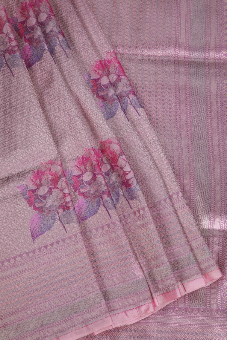 Taffy Pink Banaras Sarees with Silver Zari Floral Patterns view 1