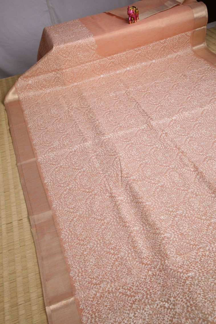 Cantaloupe Orange Organza Saree with Gold Zari Floral Patterns view 2