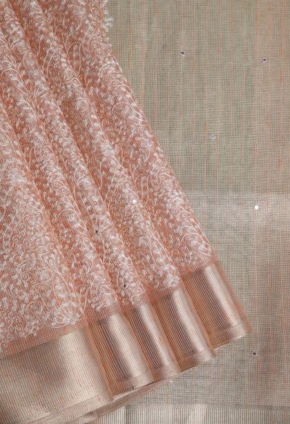 Cantaloupe Orange Organza Saree with Gold Zari Floral Patterns