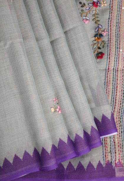 Pistachio Green Linen Saree with Without Zari Zari Floral Patterns