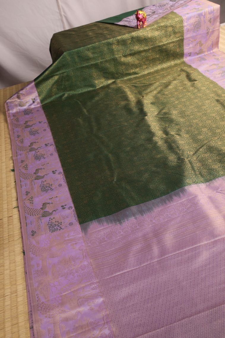 Basil Green Apoorva Silk Sarees with Gold Zari Floral Patterns view 2