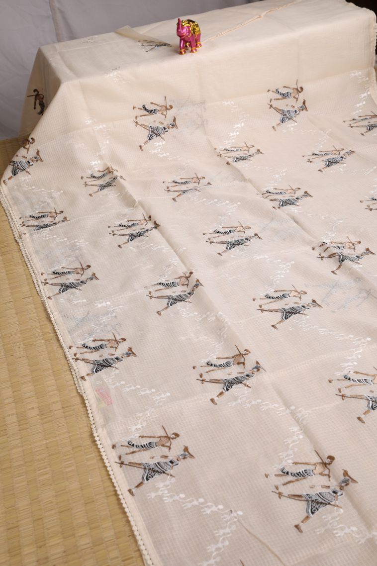 Vanilla Custard Yellow Organza Saree with Without Zari Zari Tribal Or Folk Art view 2