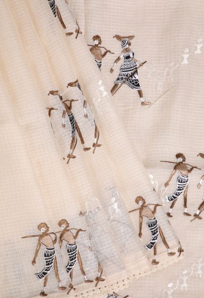 Vanilla Custard Yellow Organza Saree with Without Zari Zari Tribal Or Folk Art