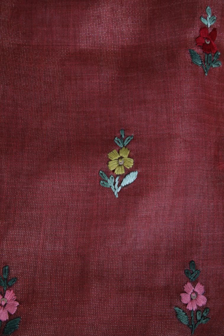 Blush Red Linen Saree with Gold Zari Buttis (small Dots Or Motifs) view 3