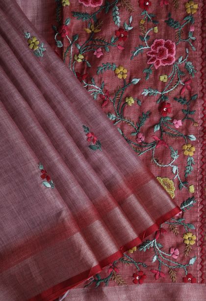 Blush Red Linen Saree with Gold Zari Buttis (small Dots Or Motifs)