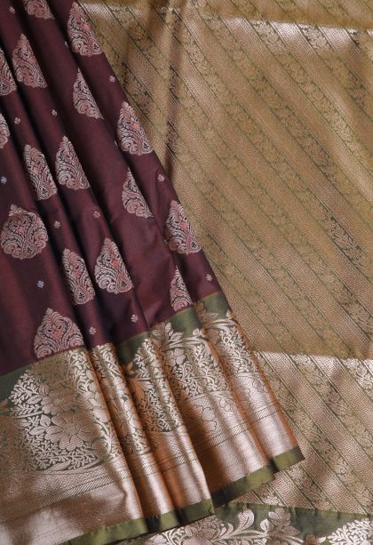 Cinnamon Brown Apoorva Silk Sarees with Gold Zari Floral Patterns