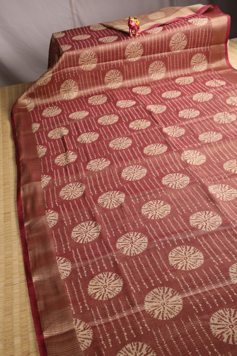 Blush Red Semi Raw Silk Printed with Gold Zari Bandhani / Tie Dye view 2