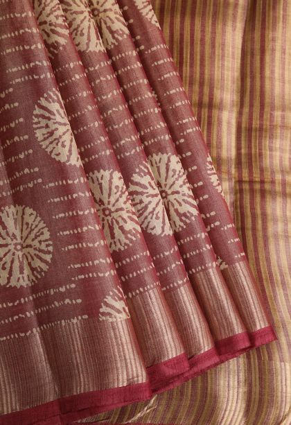 Blush Red Semi Raw Silk Printed with Gold Zari Bandhani / Tie Dye