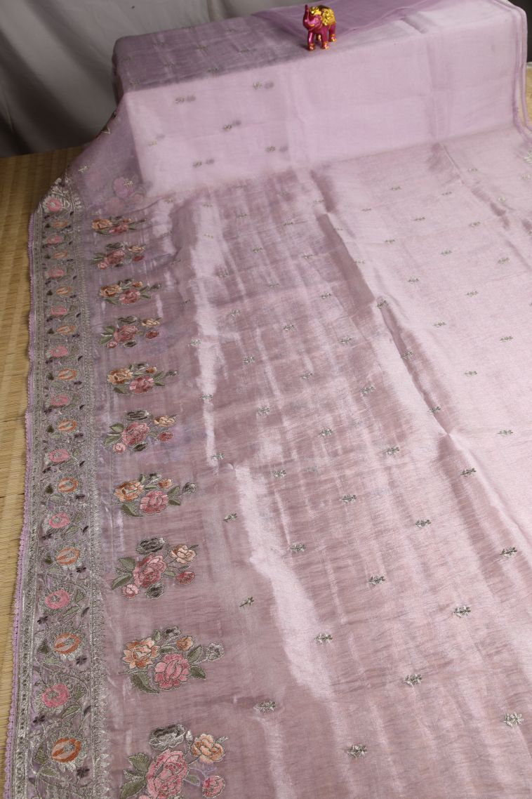 Lavender Organza Saree with Silver Zari Floral Patterns view 2