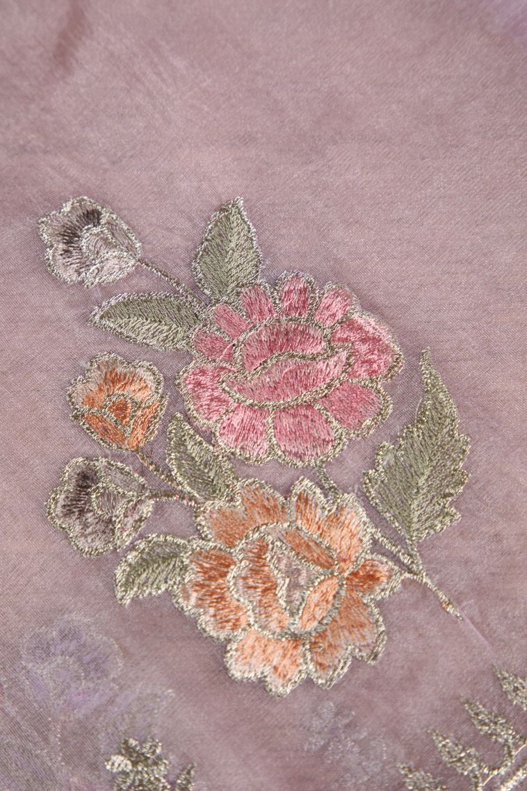 Lavender Organza Saree with Silver Zari Floral Patterns view 4