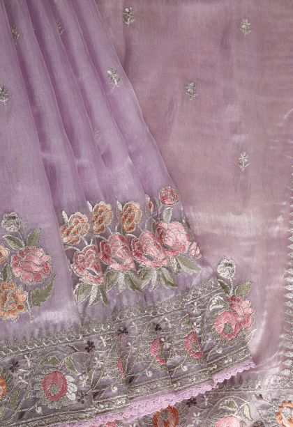 Lavender Organza Saree with Silver Zari Floral Patterns