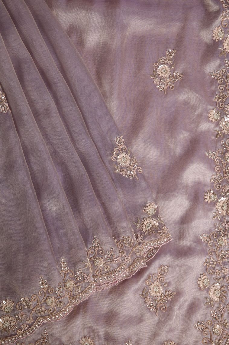 Periwinkle Purple Designer Sarees with Gold Zari Floral Patterns view 1