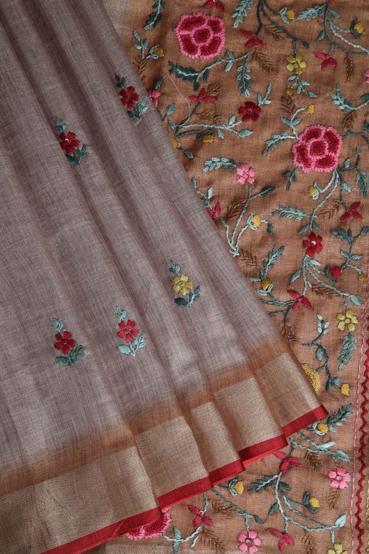 Peanut Brown Linen Saree with Gold Zari Buttis (small Dots Or Motifs) view 1