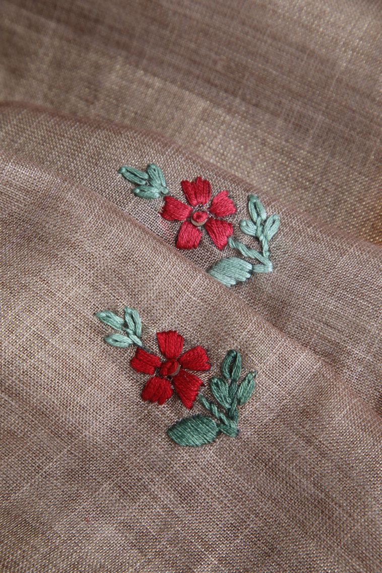 Peanut Brown Linen Saree with Gold Zari Buttis (small Dots Or Motifs) view 4