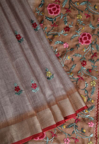 Peanut Brown Linen Saree with Gold Zari Buttis (small Dots Or Motifs)