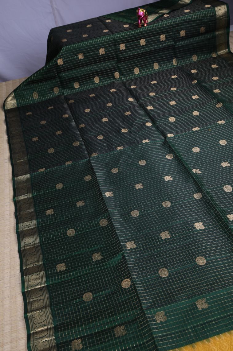 Bottle Green Soft Silk Saree with Gold Zari Peacock Motifs view 2