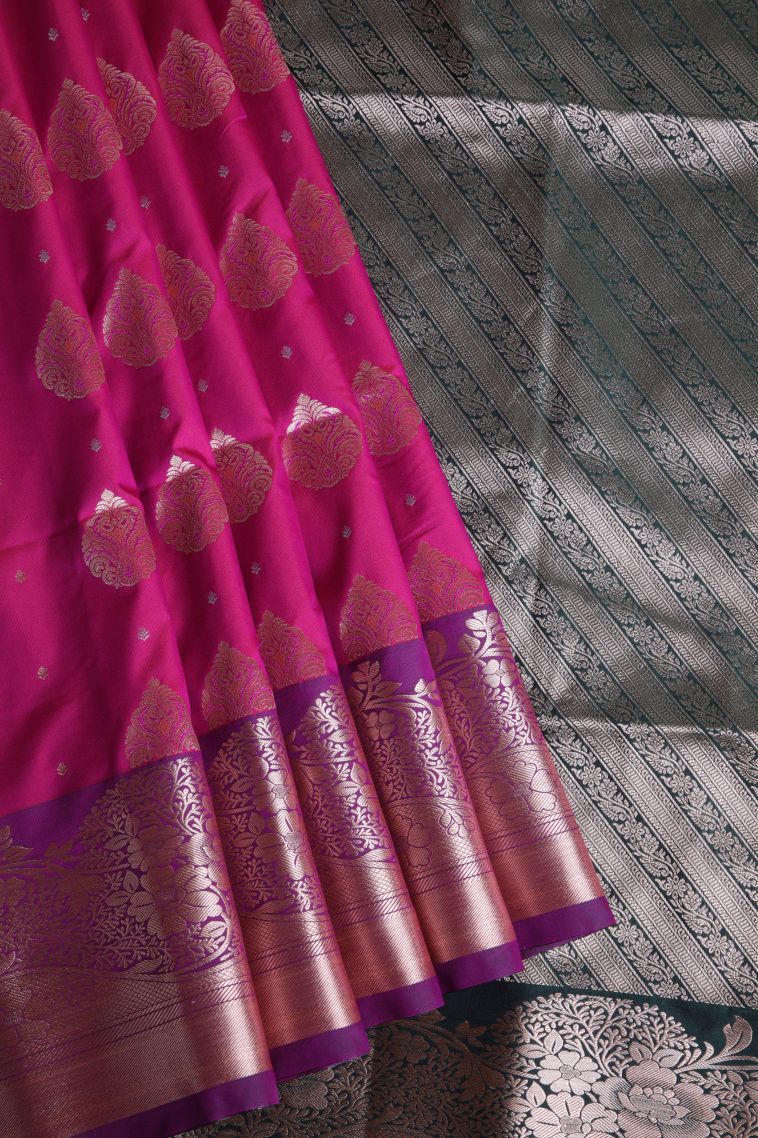 Magenta  Pink Soft Silk Sarees with Gold Zari Floral Patterns view 1