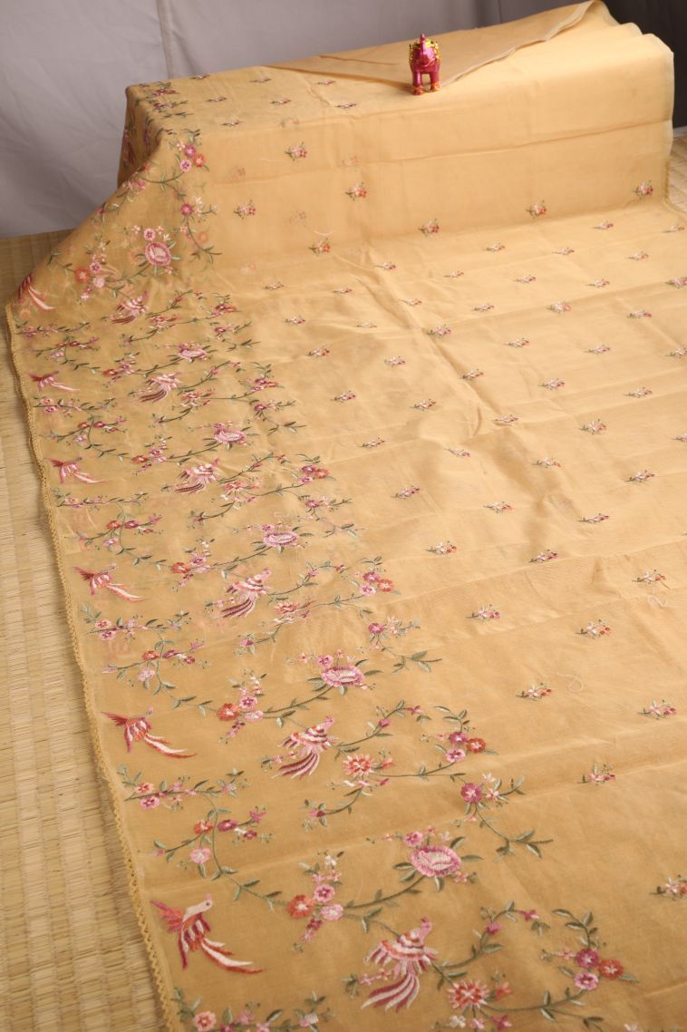 Sepia Yellow Manipuri Cotton Sarees with Multy Coiour Zari Floral Patterns view 2