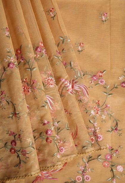 Sepia Yellow Manipuri Cotton Sarees with Multy Coiour Zari Floral Patterns