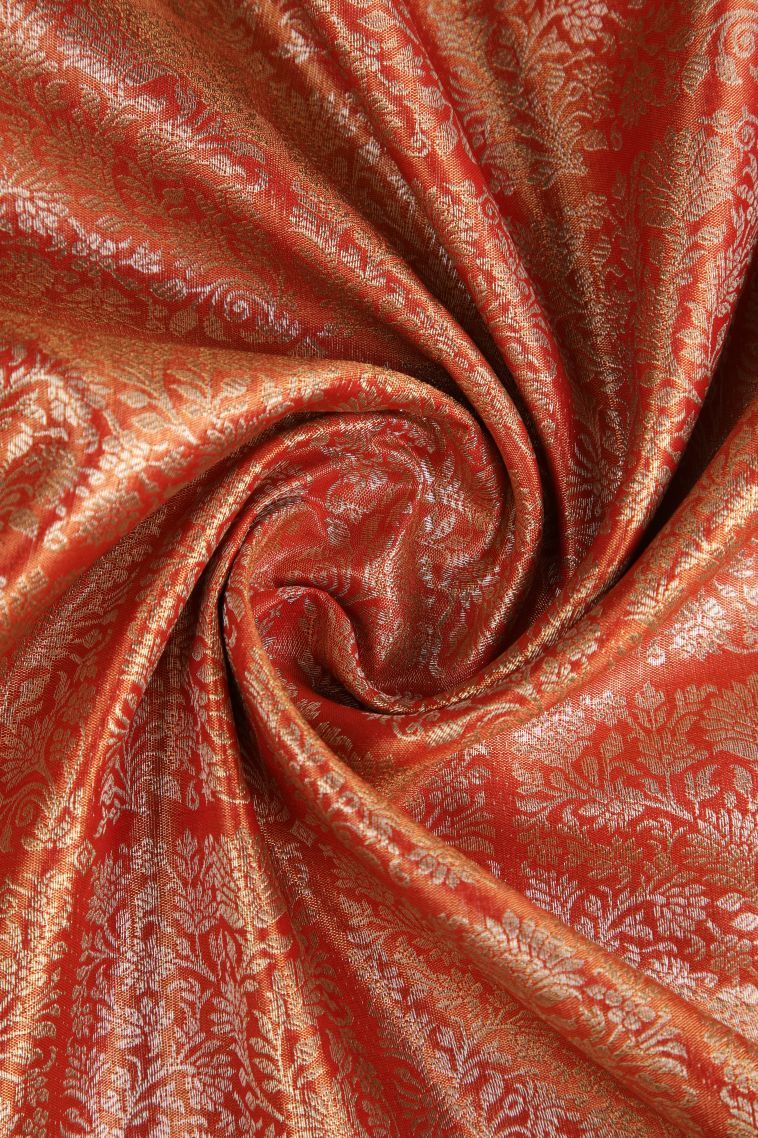 Fire Orange Tissue Silk Sarees with Gold Zari Floral Patterns view 4