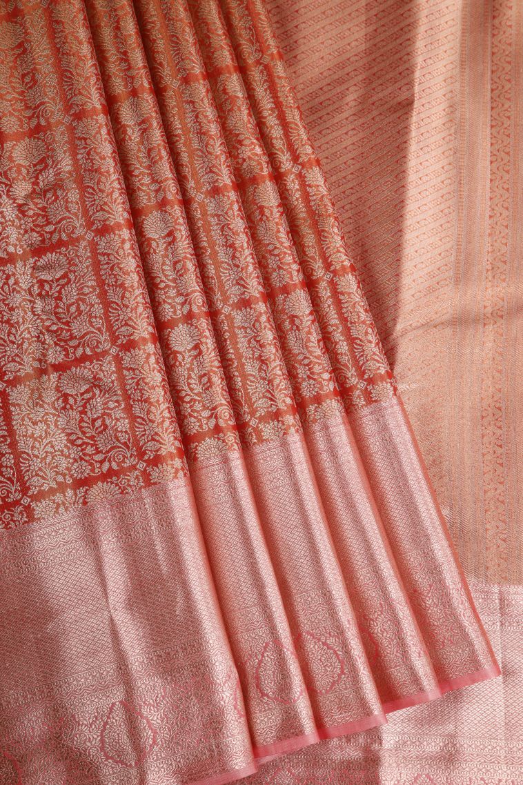 Fire Orange Tissue Silk Sarees with Gold Zari Floral Patterns view 1