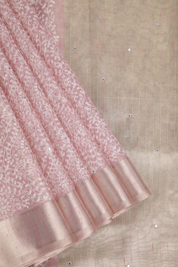 Lemonade Pink Organza Saree with Gold And Silver Zari Floral Patterns view 1