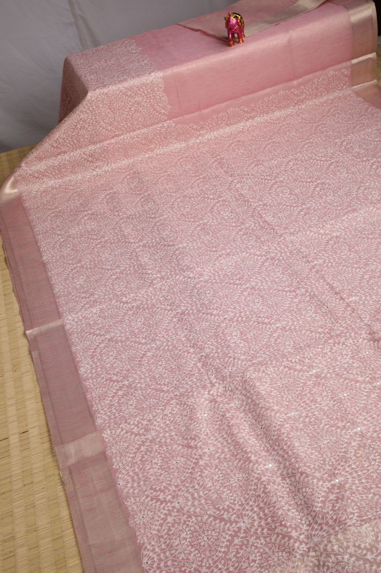 Lemonade Pink Organza Saree with Gold And Silver Zari Floral Patterns view 2