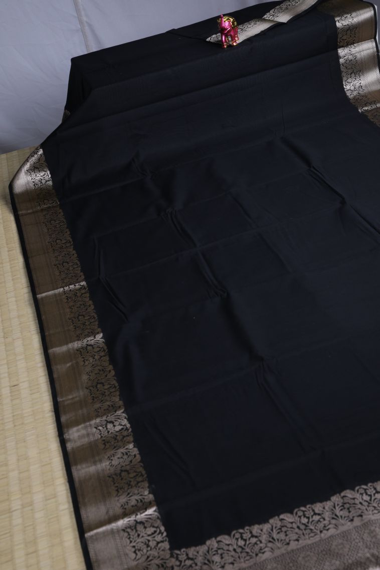 Asphalt Black Chanderi Cotton Sarees with Gold Zari Plain view 2