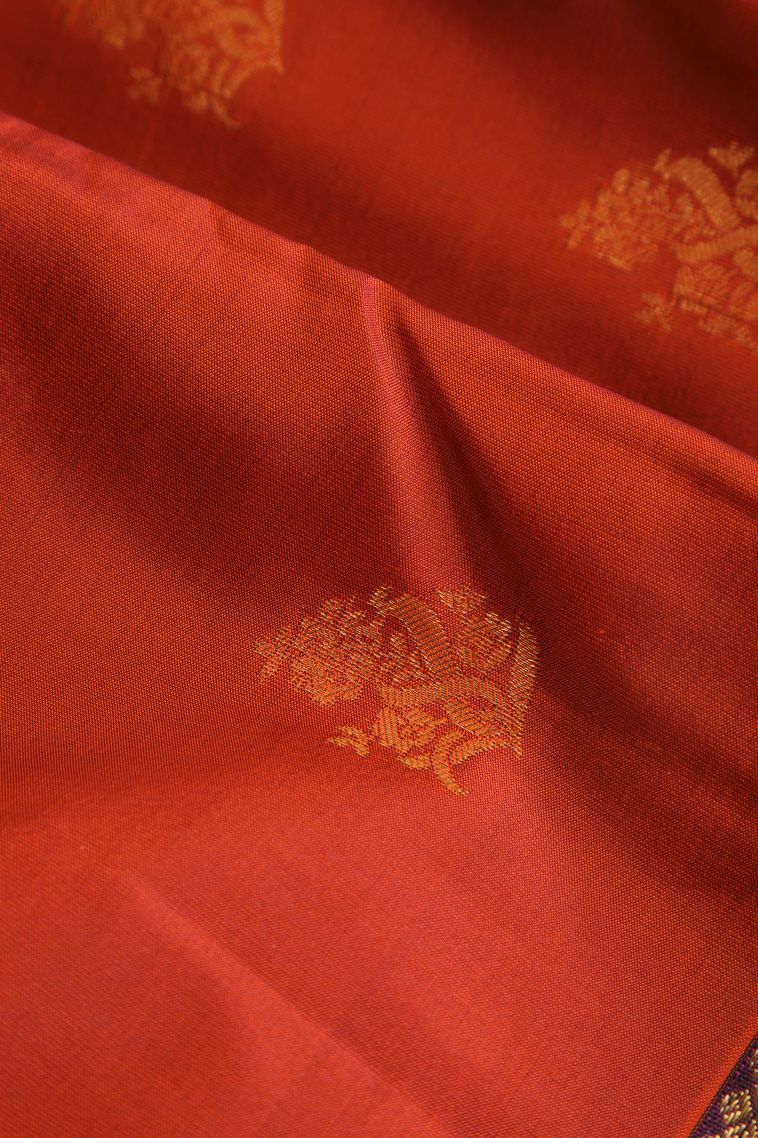Fire Orange Soft Silk Saree with Gold Zari Floral Puttas view 4