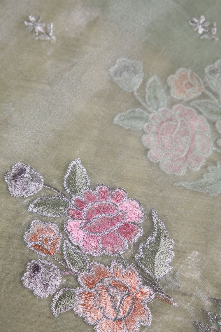 Pistachio Green Organza Saree with Silver Zari Floral Patterns view 4