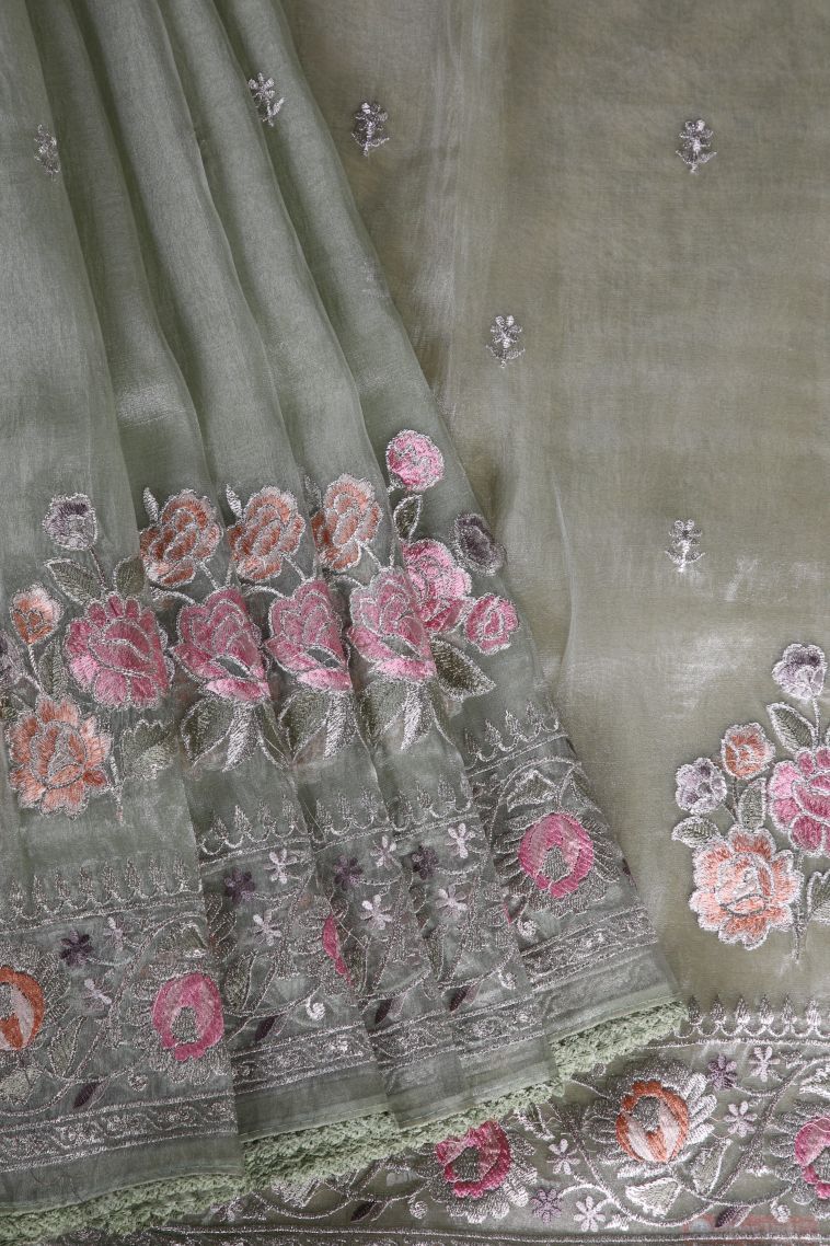Pistachio Green Organza Saree with Silver Zari Floral Patterns view 1