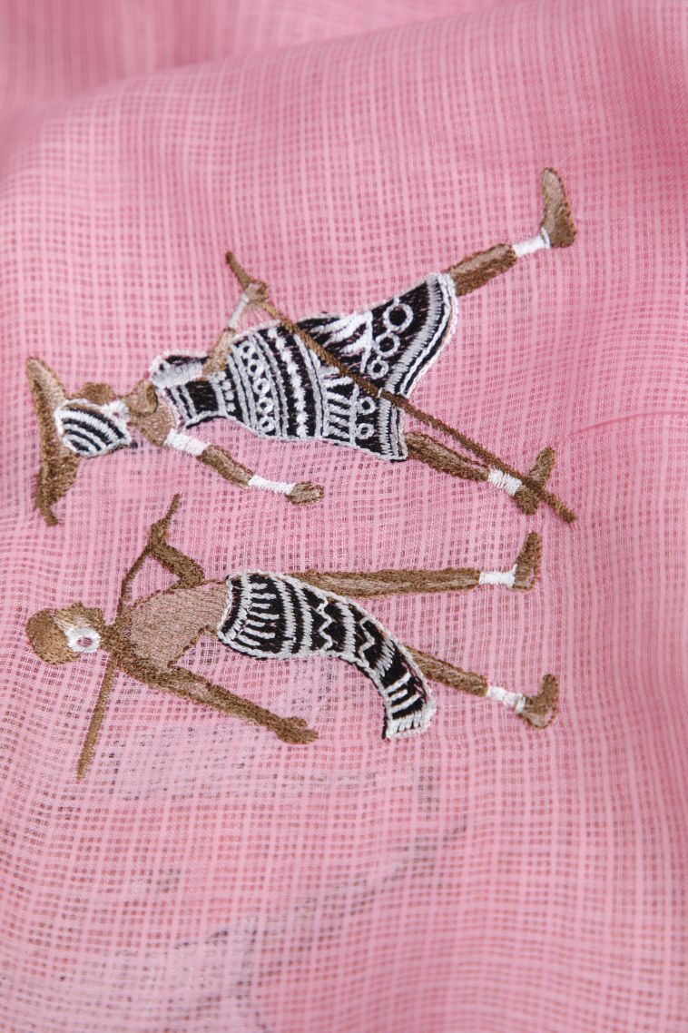 Lean Pink Organza Saree with Without Zari Zari Tribal Or Folk Art view 4