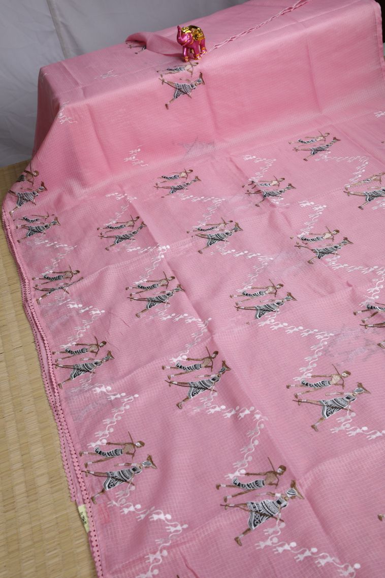Lean Pink Organza Saree with Without Zari Zari Tribal Or Folk Art view 2