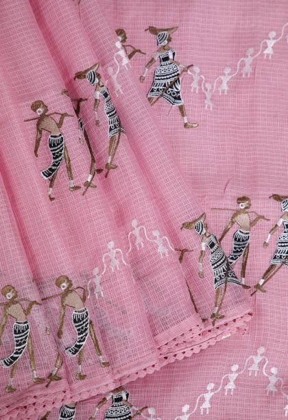 Lean Pink Organza Saree with Without Zari Zari Tribal Or Folk Art