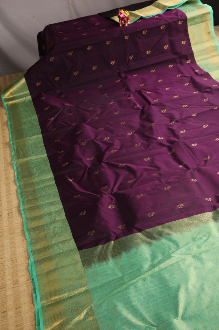 Plum Purple Soft Silk Saree with Gold Zari Floral Puttas view 2