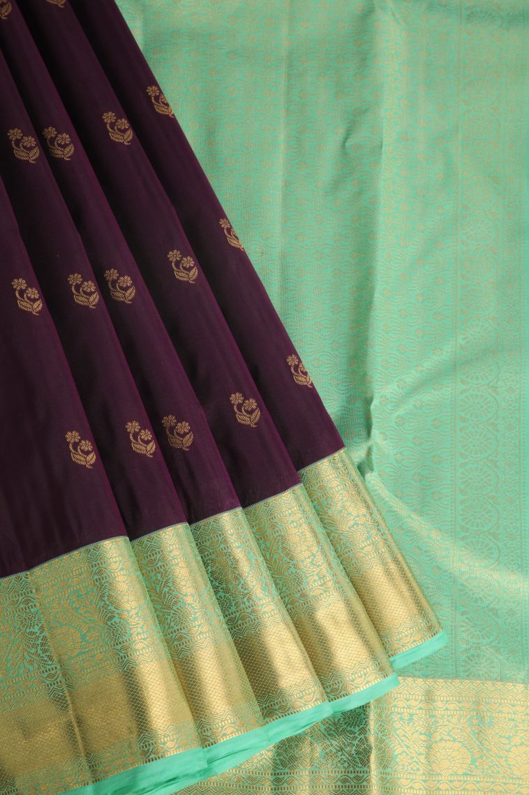 Plum Purple Soft Silk Saree with Gold Zari Floral Puttas view 1
