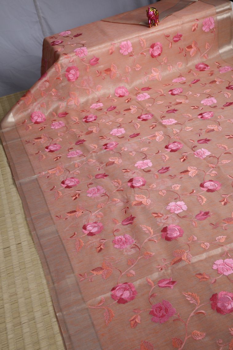 Peach Pink Tissue Silk Sarees with Gold And Silver Zari Floral Patterns view 2