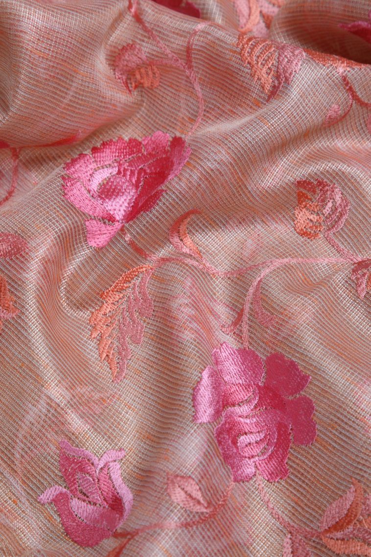 Peach Pink Tissue Silk Sarees with Gold And Silver Zari Floral Patterns view 4