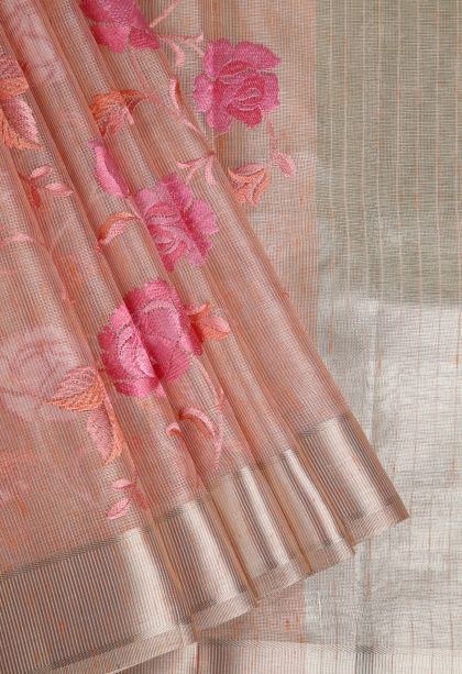 Peach Pink Tissue Silk Sarees with Gold And Silver Zari Floral Patterns