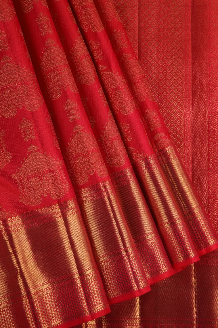 Candy Red Kanchipuram Silk Sarees with Gold Zari Chariot  And Peacock view 1