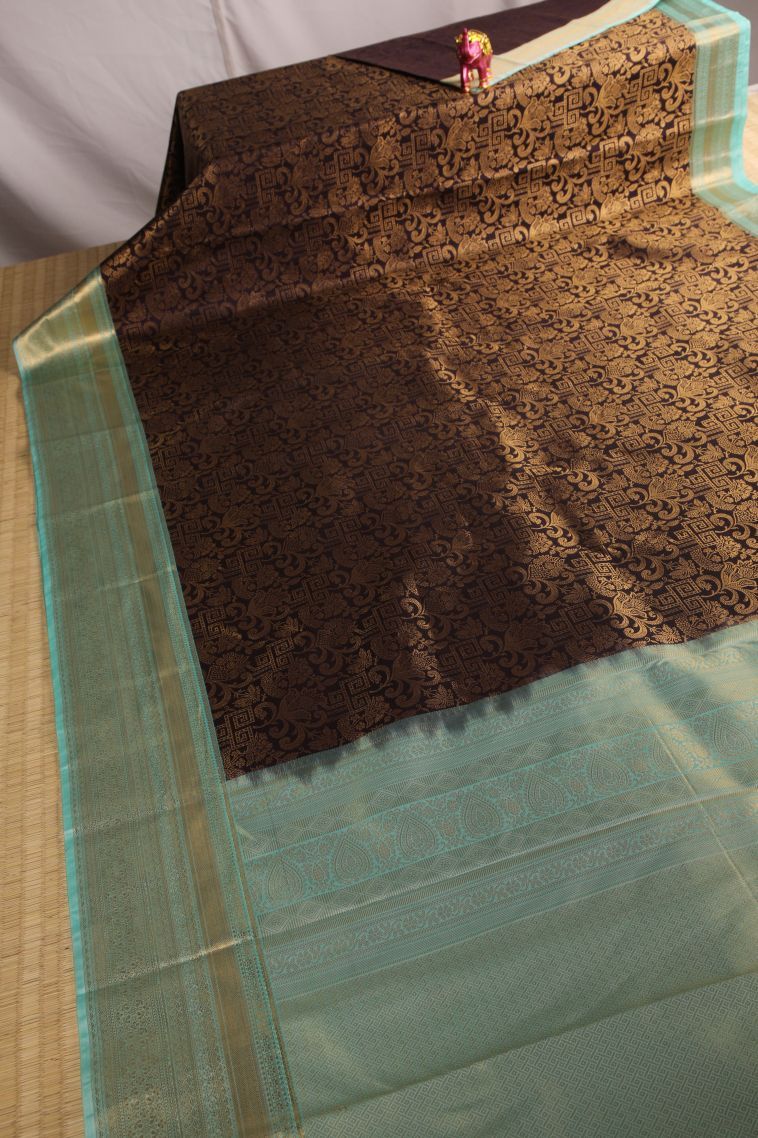 Pecan Brown Apoorva Silk Sarees with Gold Zari Floral Patterns view 2