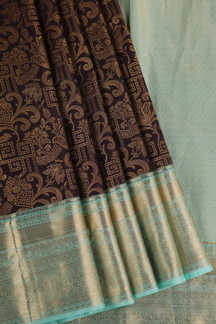 Pecan Brown Apoorva Silk Sarees with Gold Zari Floral Patterns view 1