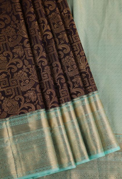 Pecan Brown Apoorva Silk Sarees with Gold Zari Floral Patterns