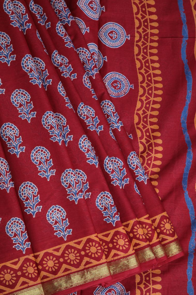 Crimson Red Chanderi Cotton Sarees with Without Zari Zari Floral Patterns view 1